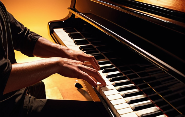 **

A close-up shot of a musician passionately playing a piano, bathed in warm, focused stage lighting. The scene should evoke a sense of dedication, skill, and emotional connection to the music. Focus on details like the musician's hands on the keys, the polished surface of the piano, and the expressive face of the musician.

**