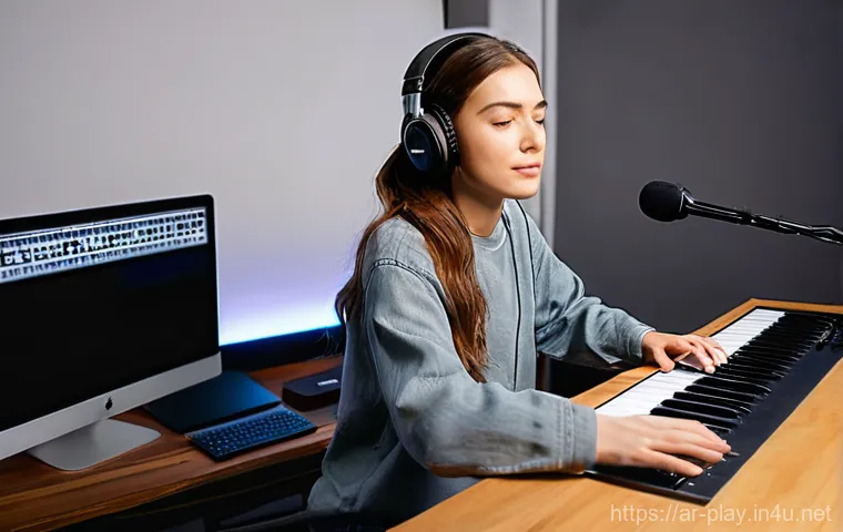 연주가가 꼭 알아야 할 음악 장비 - **Prompt 1: Focused Home Studio Musician**
    A young woman in her mid-twenties, with long, wavy br...
