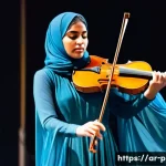 연주가로서의 멘탈 관리 비결 - **Prompt:** A dynamic portrait of a female Arab musician in her late 20s, performing on a large, ele...