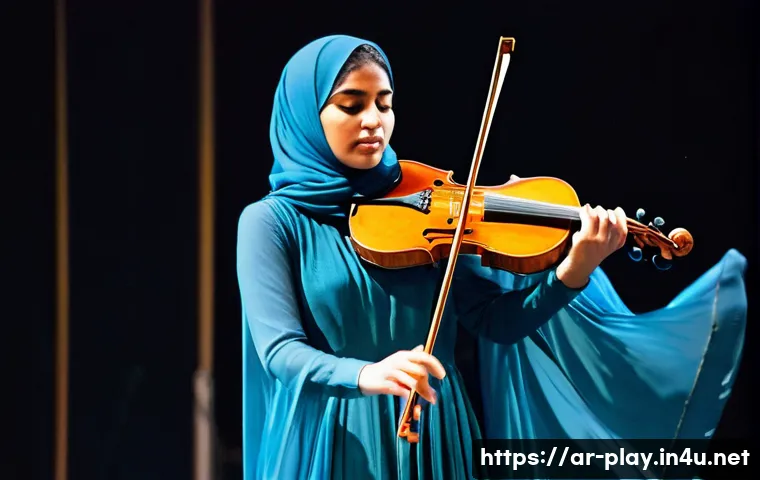 연주가로서의 멘탈 관리 비결 - **Prompt:** A dynamic portrait of a female Arab musician in her late 20s, performing on a large, ele...