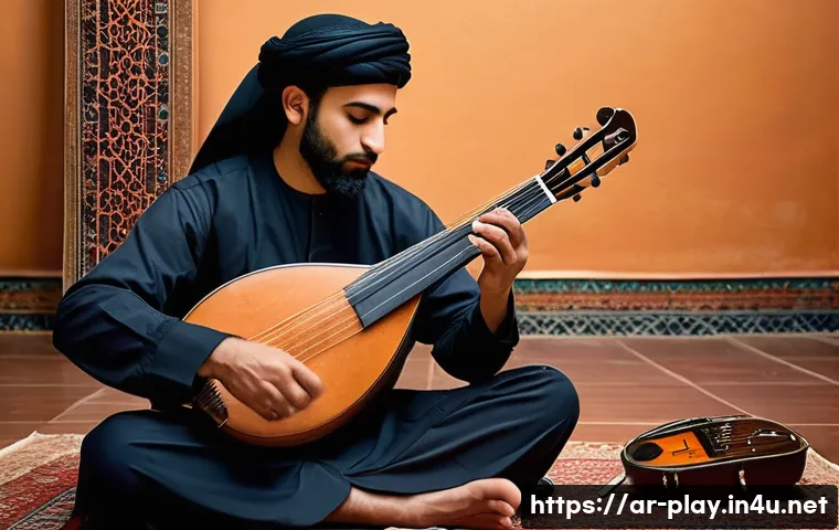 연주가 시험 장비 체크리스트 - A detailed scene of a Middle Eastern musician preparing for a traditional music performance in a qui...