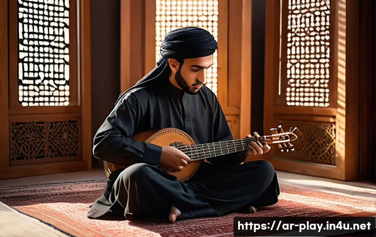 연주가 실기 시험 준비에 필요한 시간 관리법 - A focused young Arab musician practicing a complex musical piece in a traditional Middle Eastern mus...