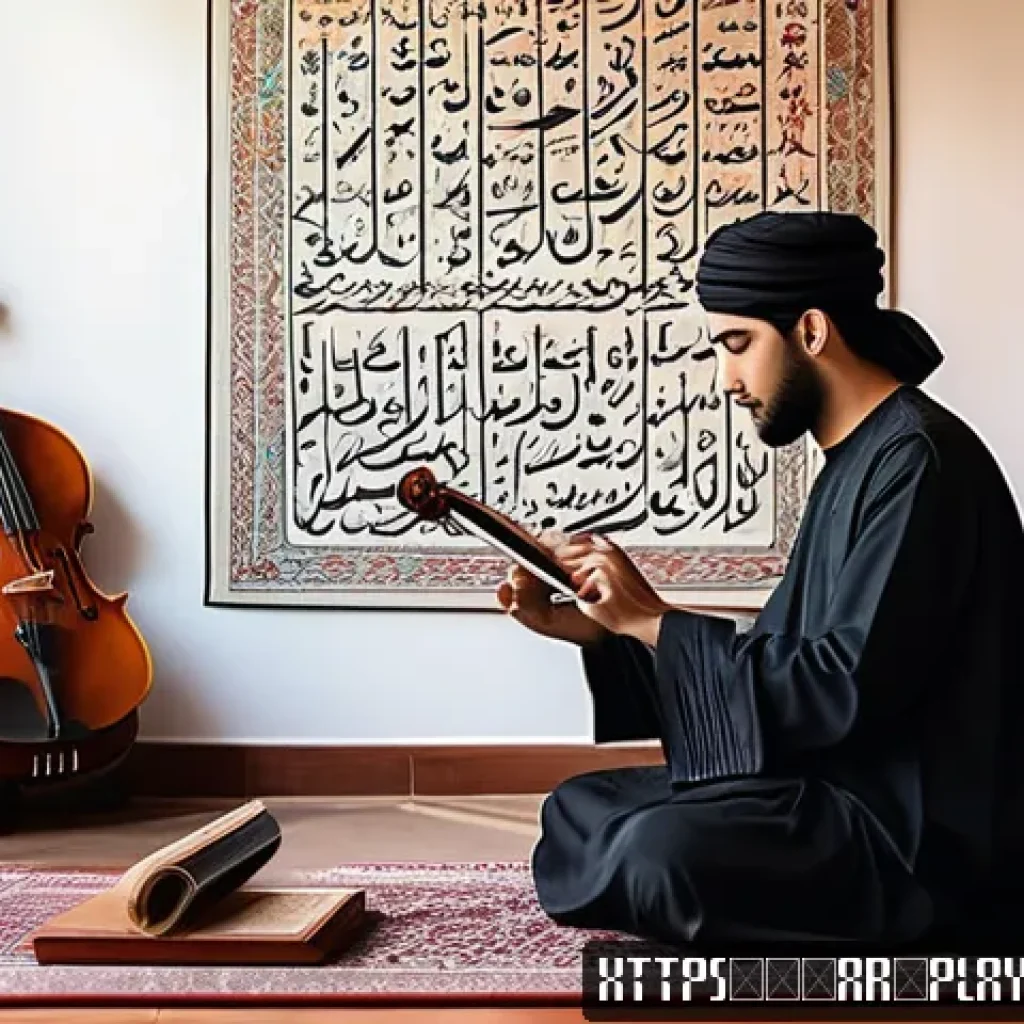 연주가 실기 시험 합격 후기 - A focused young Arab musician practicing violin in a traditional study room decorated with Arabic ca...