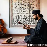연주가 실기 시험 합격 후기 - A focused young Arab musician practicing violin in a traditional study room decorated with Arabic ca...