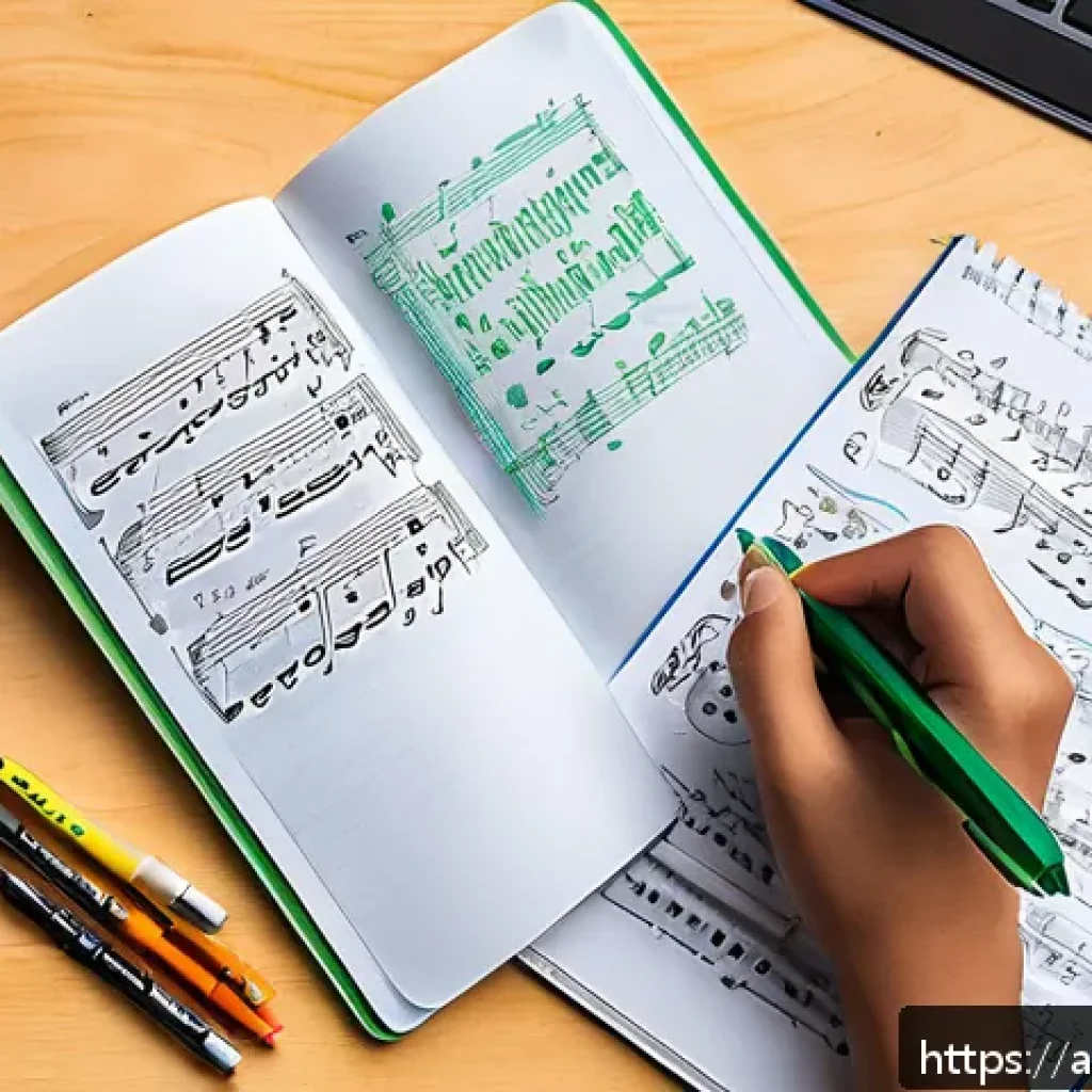 연주가 이론 시험 대비 노트 필기법 - An educational workspace scene featuring a Middle Eastern student studying music theory with colorfu...