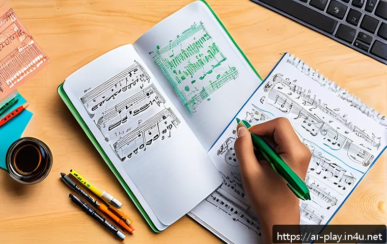 연주가 이론 시험 대비 노트 필기법 - An educational workspace scene featuring a Middle Eastern student studying music theory with colorfu...