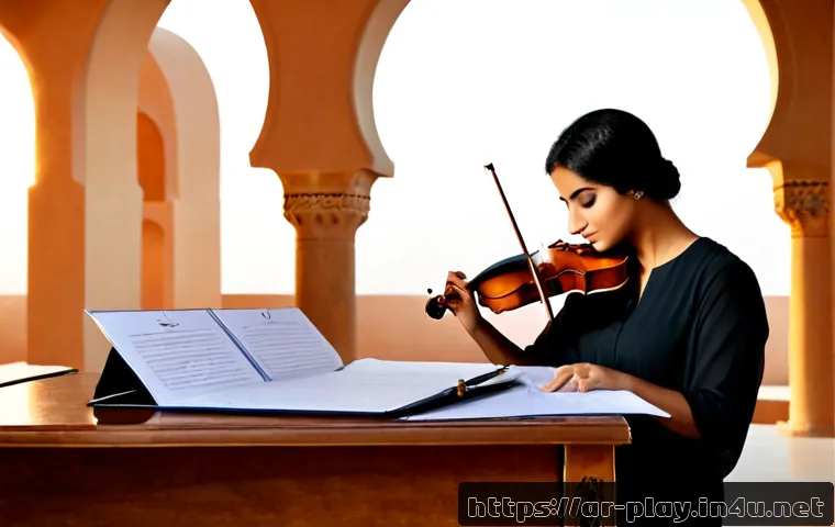 연주가 경력 인증을 위한 포트폴리오 작성법 - Photorealistic editorial scene of an Arab violinist in elegant modest concert attire carefully arran...