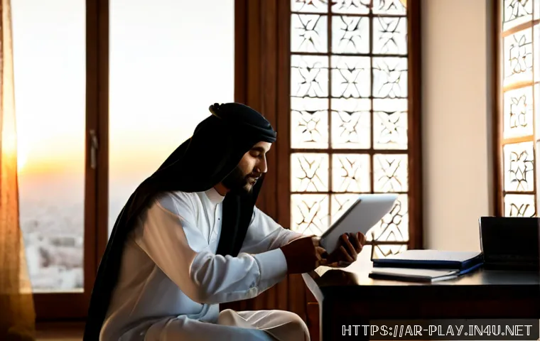 Home 17 연주가 경력 관리에 도움이 되는 도구 - Photorealistic Arab oud musician in a modern home studio, reviewing a clean visual schedule and perf...